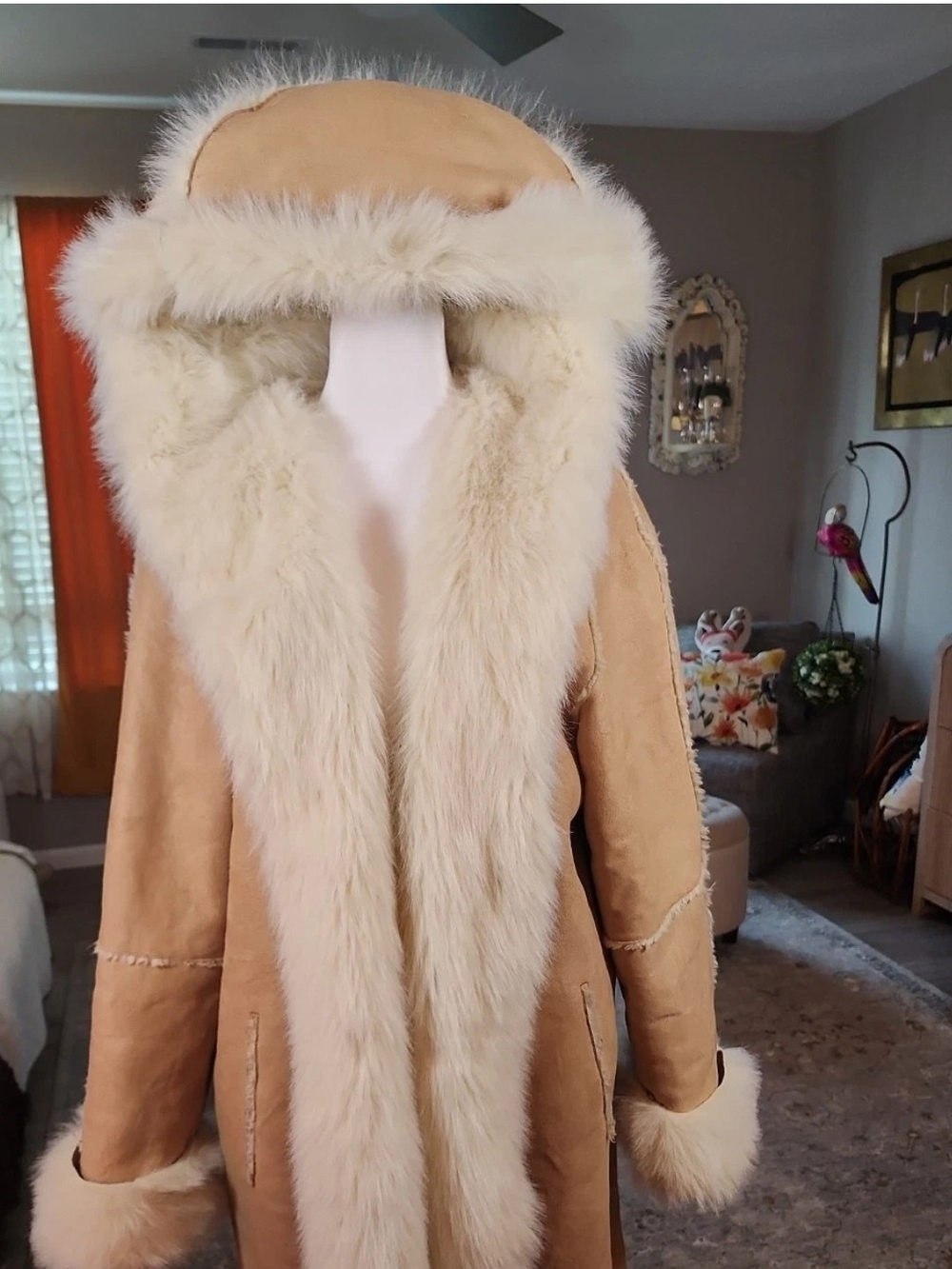Women's faux Shearling Hooded Coat with Cream Fur Trim Penny Lane Boho Size L